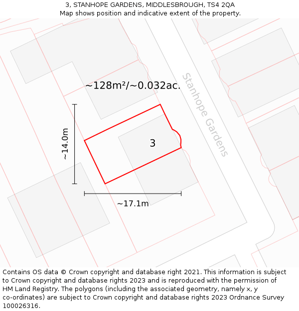 3, STANHOPE GARDENS, MIDDLESBROUGH, TS4 2QA: Plot and title map
