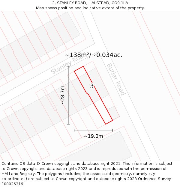 3, STANLEY ROAD, HALSTEAD, CO9 1LA: Plot and title map