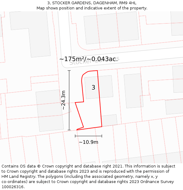 3, STOCKER GARDENS, DAGENHAM, RM9 4HL: Plot and title map