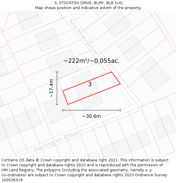 3, STOCKTON DRIVE, BURY, BL8 1UQ: Plot and title map