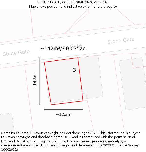 3, STONEGATE, COWBIT, SPALDING, PE12 6AH: Plot and title map