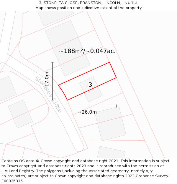 3, STONELEA CLOSE, BRANSTON, LINCOLN, LN4 1UL: Plot and title map