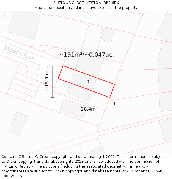 3, STOUR CLOSE, KESTON, BR2 6BX: Plot and title map