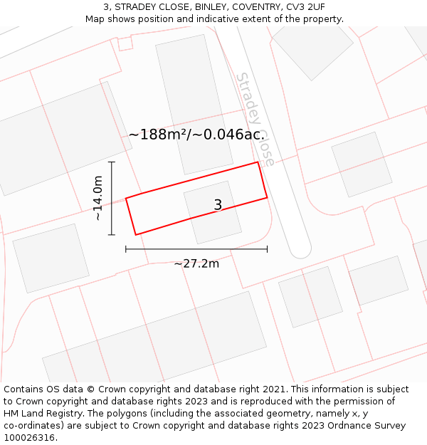 3, STRADEY CLOSE, BINLEY, COVENTRY, CV3 2UF: Plot and title map