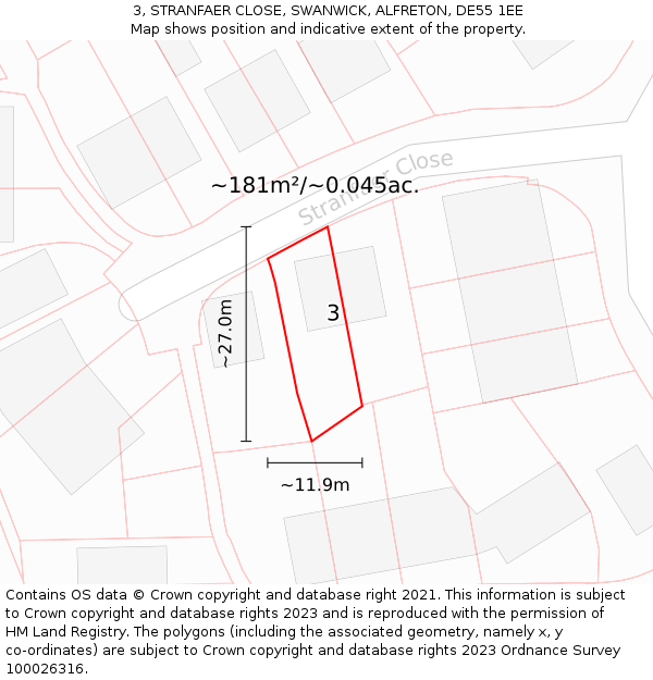 3, STRANFAER CLOSE, SWANWICK, ALFRETON, DE55 1EE: Plot and title map