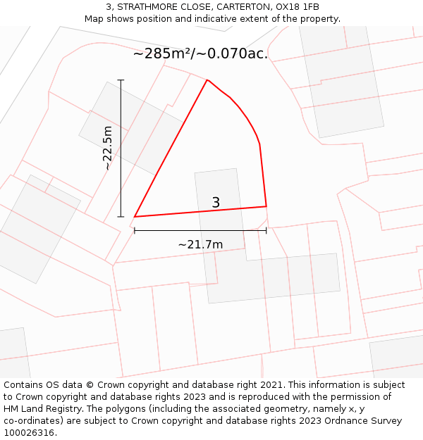 3, STRATHMORE CLOSE, CARTERTON, OX18 1FB: Plot and title map
