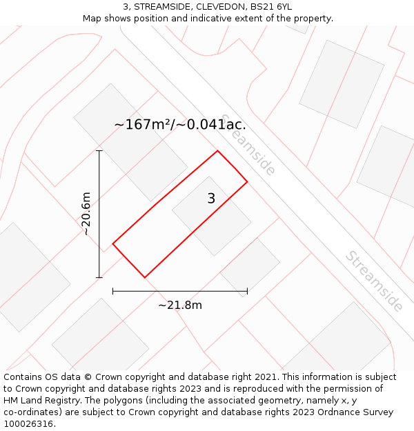 3, STREAMSIDE, CLEVEDON, BS21 6YL: Plot and title map