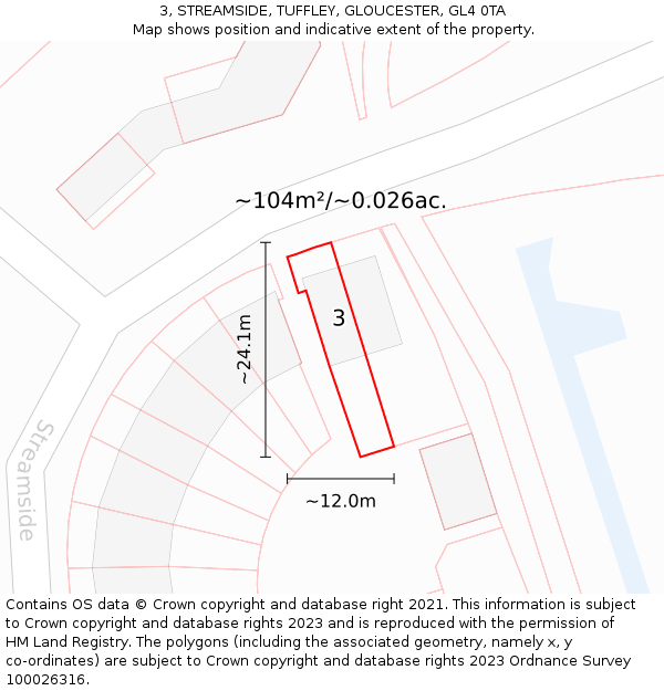 3, STREAMSIDE, TUFFLEY, GLOUCESTER, GL4 0TA: Plot and title map