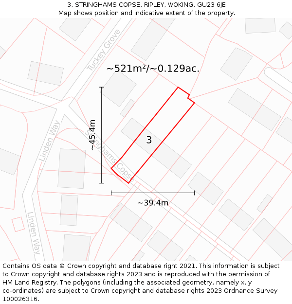 3, STRINGHAMS COPSE, RIPLEY, WOKING, GU23 6JE: Plot and title map