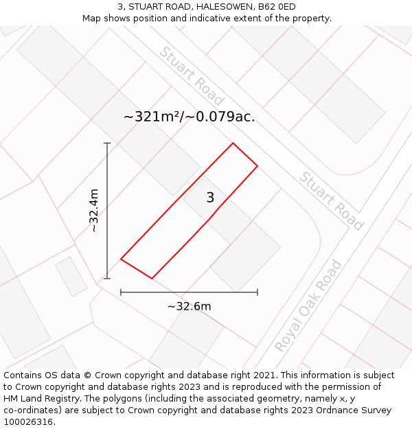 3, STUART ROAD, HALESOWEN, B62 0ED: Plot and title map