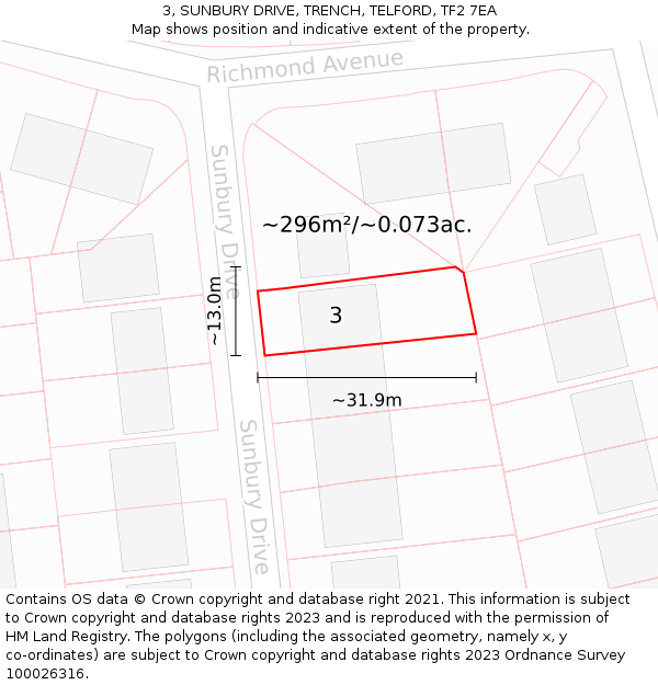 3, SUNBURY DRIVE, TRENCH, TELFORD, TF2 7EA: Plot and title map