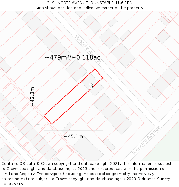 3, SUNCOTE AVENUE, DUNSTABLE, LU6 1BN: Plot and title map