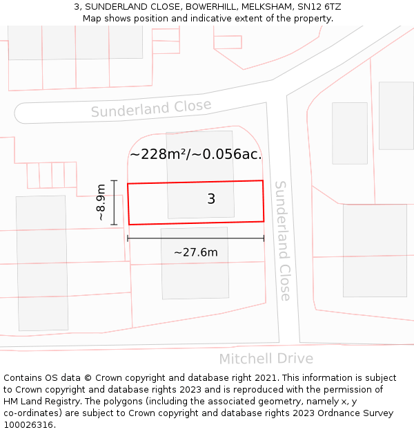 3, SUNDERLAND CLOSE, BOWERHILL, MELKSHAM, SN12 6TZ: Plot and title map