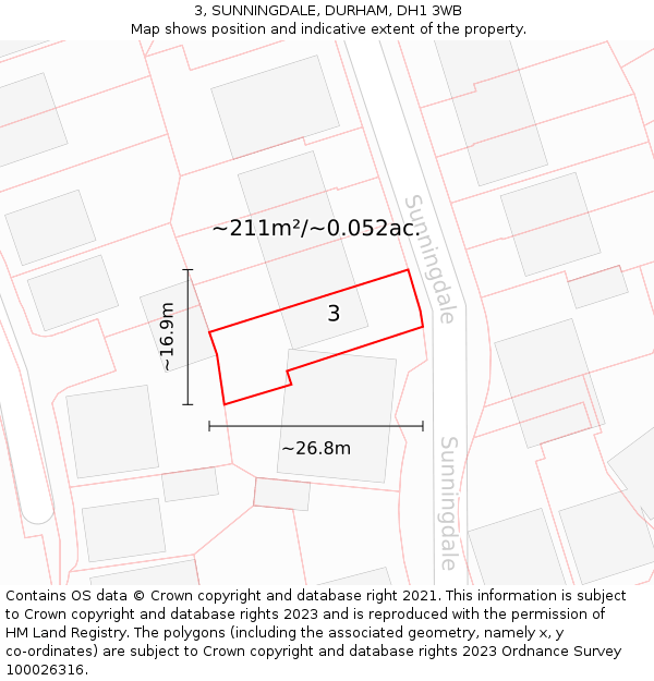 3, SUNNINGDALE, DURHAM, DH1 3WB: Plot and title map