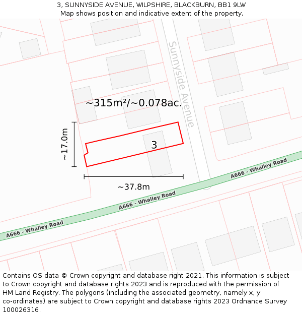3, SUNNYSIDE AVENUE, WILPSHIRE, BLACKBURN, BB1 9LW: Plot and title map