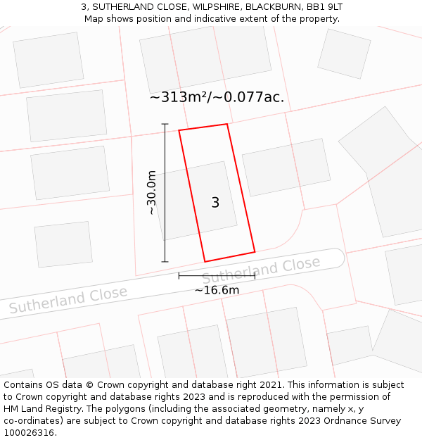 3, SUTHERLAND CLOSE, WILPSHIRE, BLACKBURN, BB1 9LT: Plot and title map