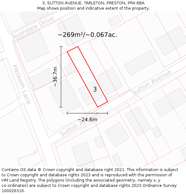3, SUTTON AVENUE, TARLETON, PRESTON, PR4 6BA: Plot and title map