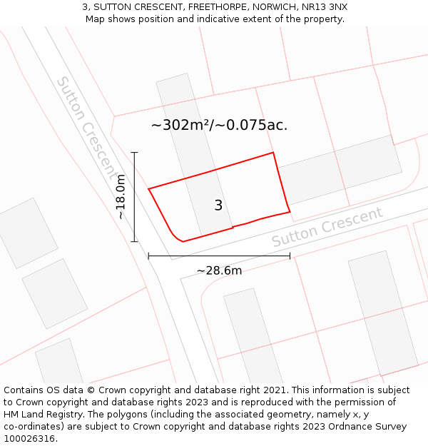 3, SUTTON CRESCENT, FREETHORPE, NORWICH, NR13 3NX: Plot and title map