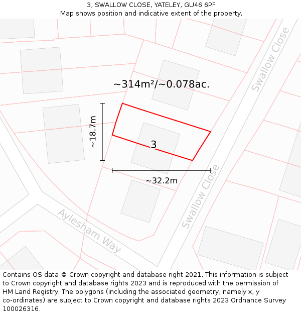 3, SWALLOW CLOSE, YATELEY, GU46 6PF: Plot and title map