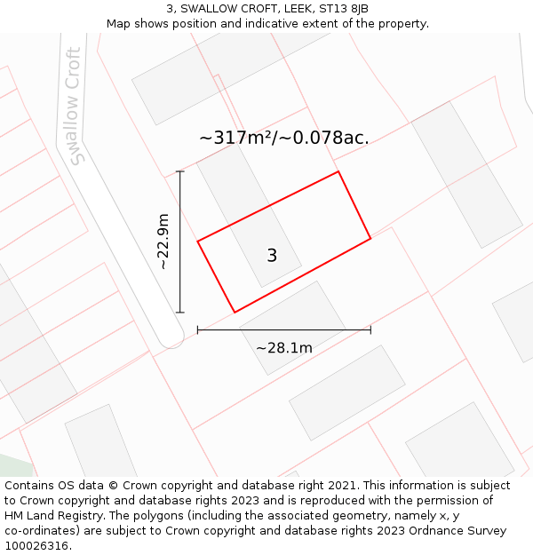 3, SWALLOW CROFT, LEEK, ST13 8JB: Plot and title map