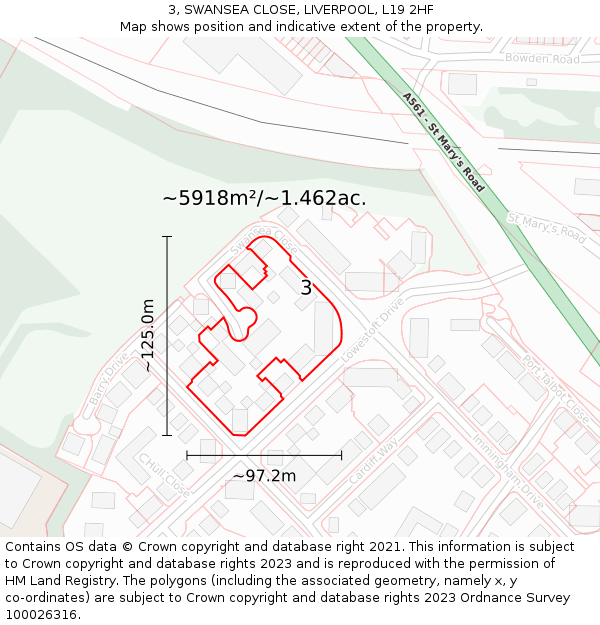 3, SWANSEA CLOSE, LIVERPOOL, L19 2HF: Plot and title map