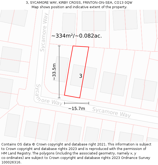 3, SYCAMORE WAY, KIRBY CROSS, FRINTON-ON-SEA, CO13 0QW: Plot and title map