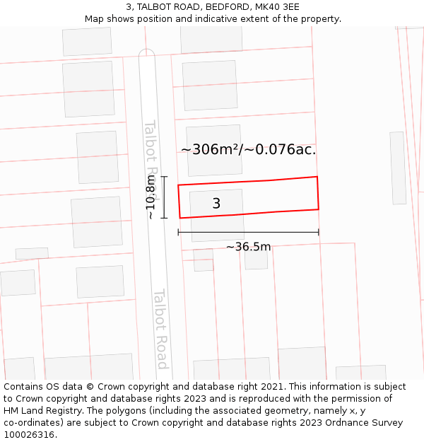 3, TALBOT ROAD, BEDFORD, MK40 3EE: Plot and title map