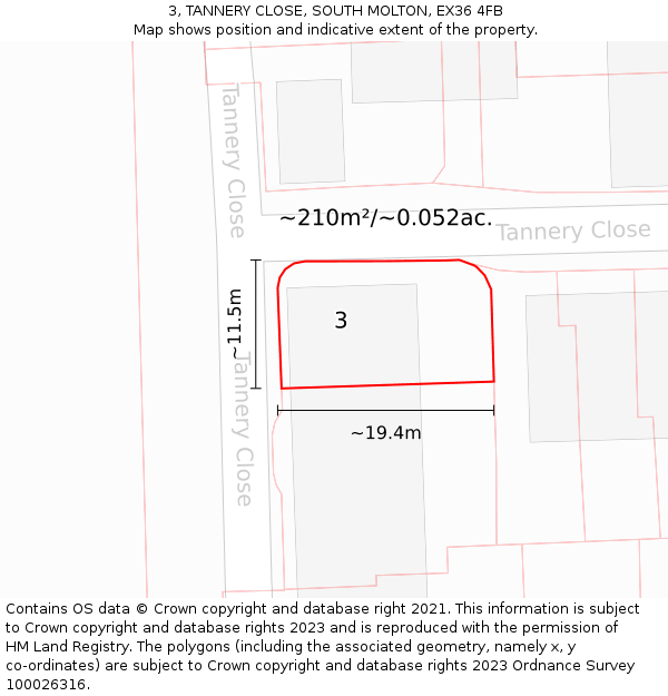 3, TANNERY CLOSE, SOUTH MOLTON, EX36 4FB: Plot and title map