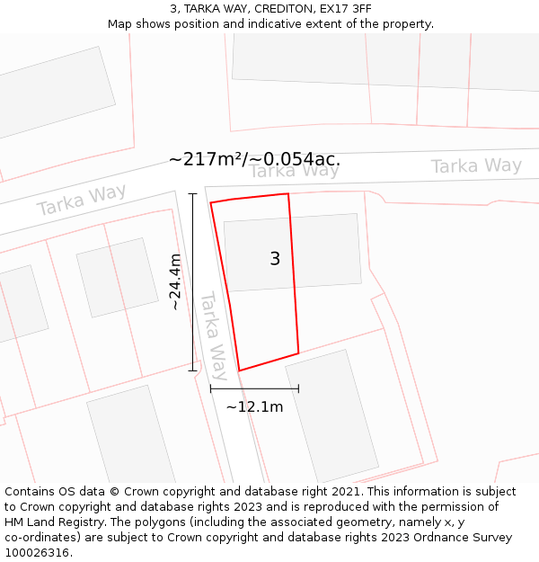 3, TARKA WAY, CREDITON, EX17 3FF: Plot and title map