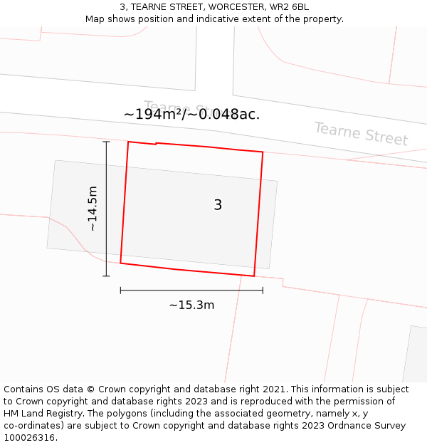 3, TEARNE STREET, WORCESTER, WR2 6BL: Plot and title map