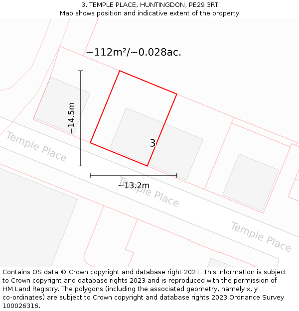 3, TEMPLE PLACE, HUNTINGDON, PE29 3RT: Plot and title map