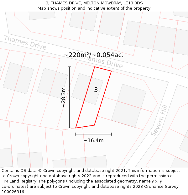 3, THAMES DRIVE, MELTON MOWBRAY, LE13 0DS: Plot and title map