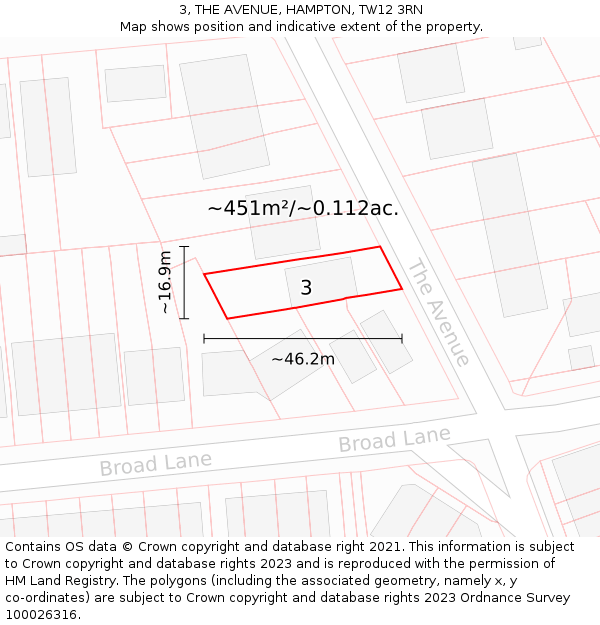 3, THE AVENUE, HAMPTON, TW12 3RN: Plot and title map