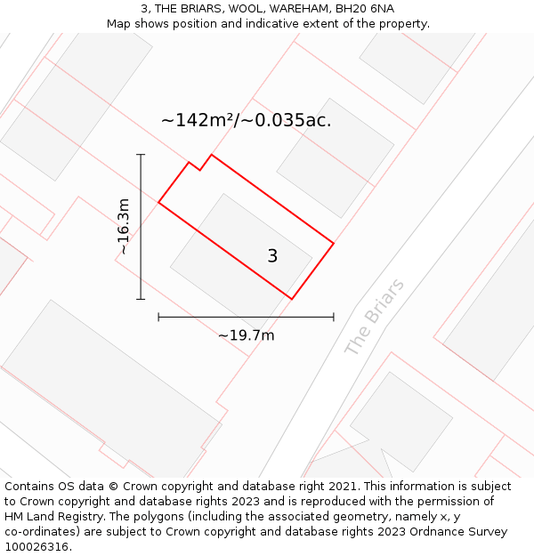 3, THE BRIARS, WOOL, WAREHAM, BH20 6NA: Plot and title map
