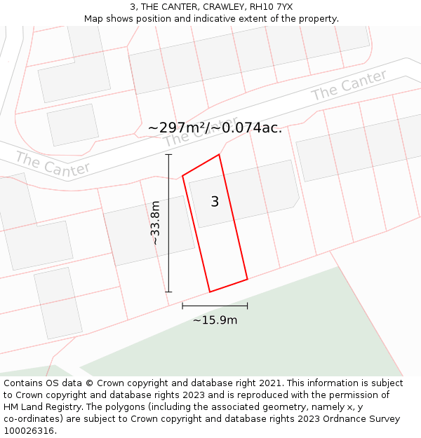 3, THE CANTER, CRAWLEY, RH10 7YX: Plot and title map