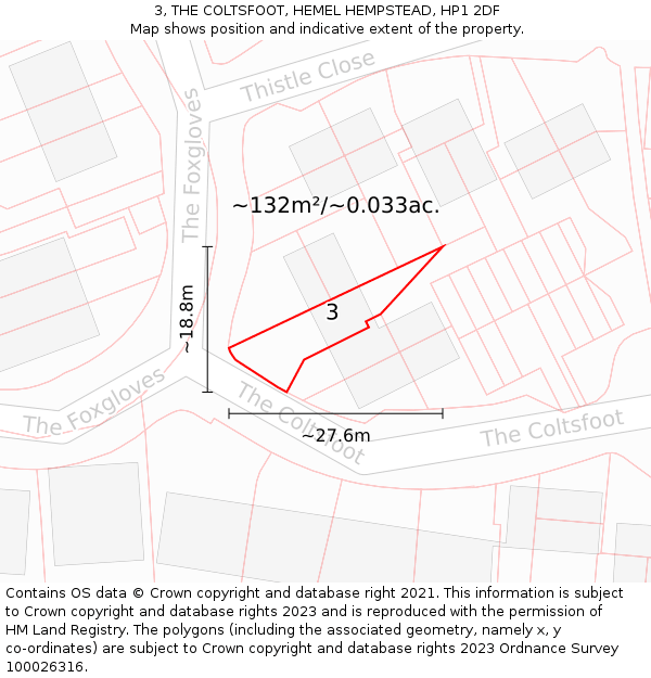 3, THE COLTSFOOT, HEMEL HEMPSTEAD, HP1 2DF: Plot and title map