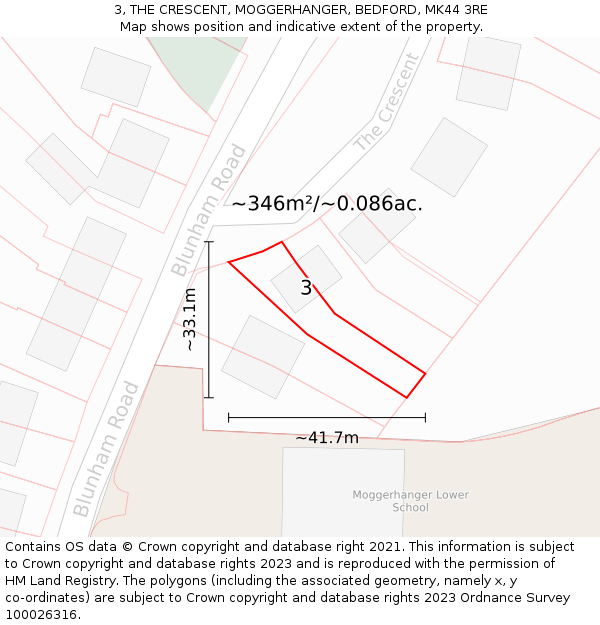 3, THE CRESCENT, MOGGERHANGER, BEDFORD, MK44 3RE: Plot and title map