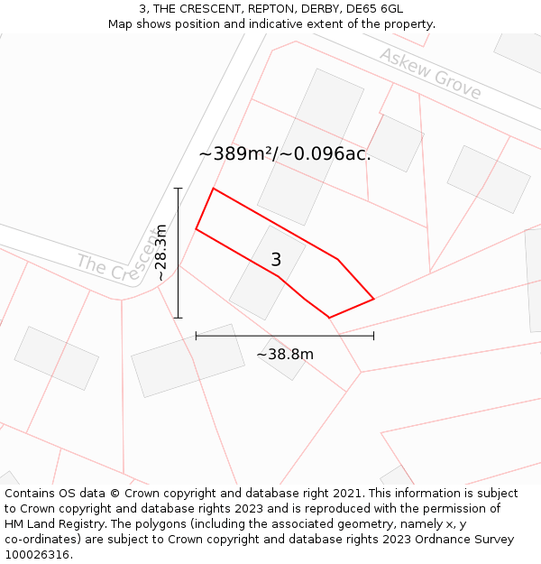 3, THE CRESCENT, REPTON, DERBY, DE65 6GL: Plot and title map