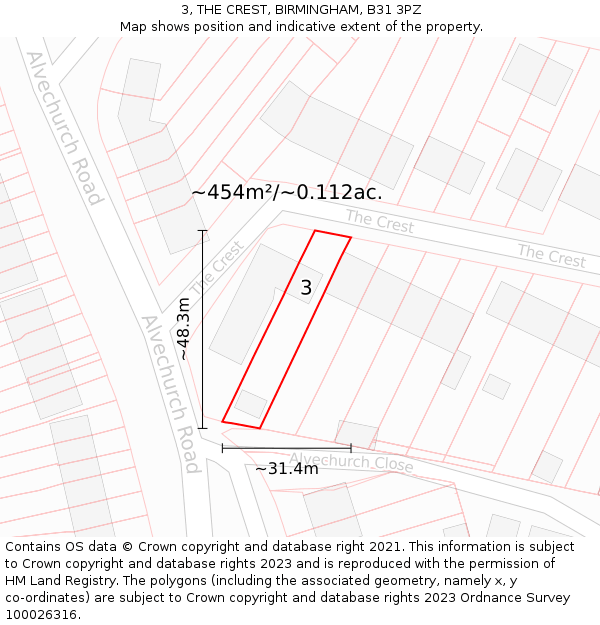 3, THE CREST, BIRMINGHAM, B31 3PZ: Plot and title map