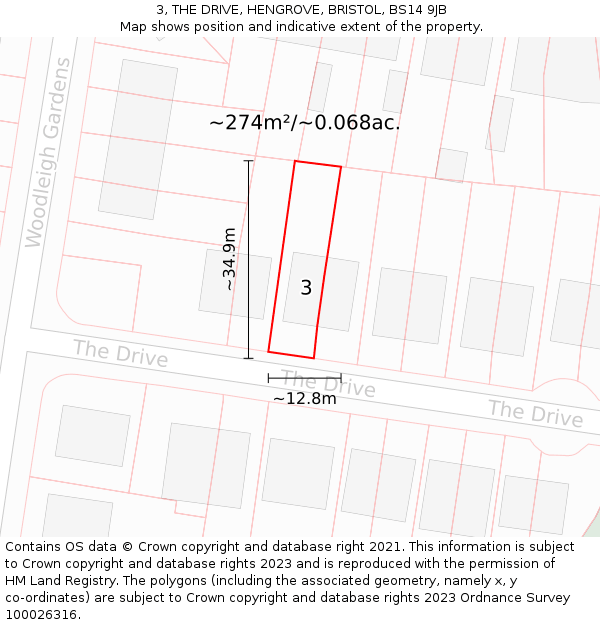 3, THE DRIVE, HENGROVE, BRISTOL, BS14 9JB: Plot and title map