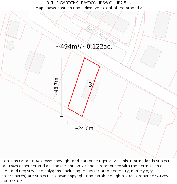 3, THE GARDENS, RAYDON, IPSWICH, IP7 5LU: Plot and title map