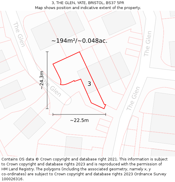 3, THE GLEN, YATE, BRISTOL, BS37 5PR: Plot and title map