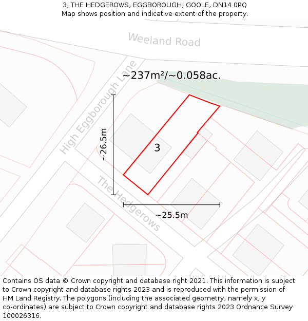 3, THE HEDGEROWS, EGGBOROUGH, GOOLE, DN14 0PQ: Plot and title map