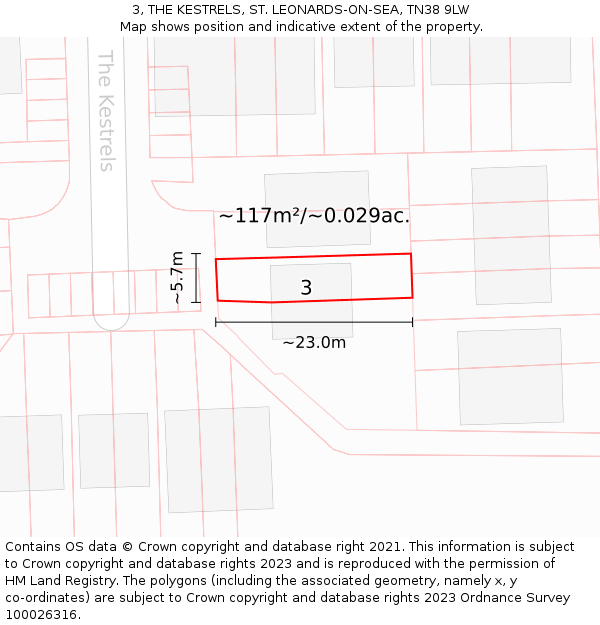 3, THE KESTRELS, ST. LEONARDS-ON-SEA, TN38 9LW: Plot and title map