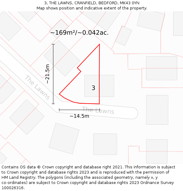 3, THE LAWNS, CRANFIELD, BEDFORD, MK43 0YN: Plot and title map