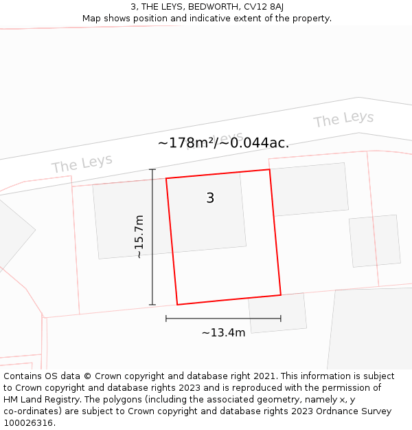 3, THE LEYS, BEDWORTH, CV12 8AJ: Plot and title map