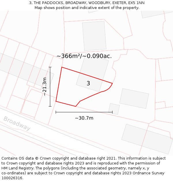 3, THE PADDOCKS, BROADWAY, WOODBURY, EXETER, EX5 1NN: Plot and title map