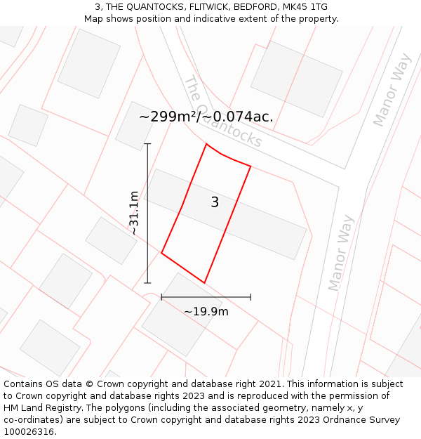 3, THE QUANTOCKS, FLITWICK, BEDFORD, MK45 1TG: Plot and title map
