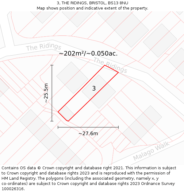 3, THE RIDINGS, BRISTOL, BS13 8NU: Plot and title map