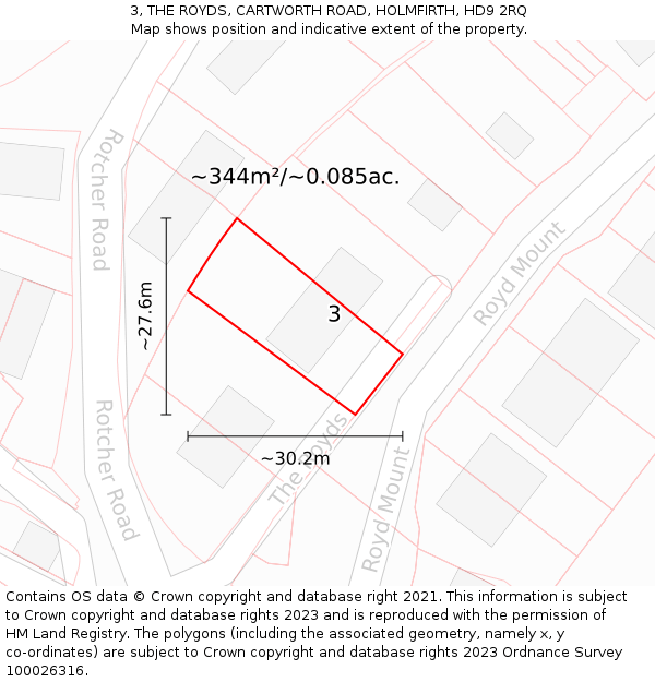 3, THE ROYDS, CARTWORTH ROAD, HOLMFIRTH, HD9 2RQ: Plot and title map